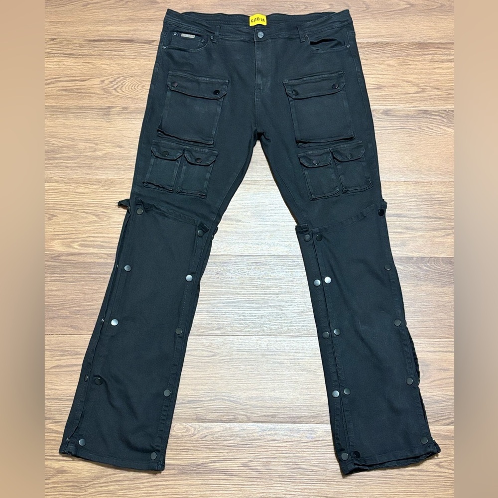 GFTD LA Black Cargo Jeans 40 Snap-Off Panel Streetwear Pants